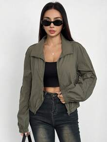 Feyla 女式短款休闲实用绿色夹克，秋冬防晒 - 綠色 - 查看 5