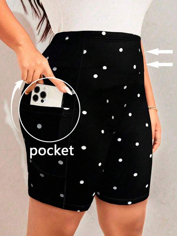 SHEIN LUNE Plus Size Women Polka Dot Print Pocket Short Leggings Summer Outfits For Women Easter Mother Day Vacation Outfits Women Workout Vacation Outfits Woman Beach Outfits For Woman,Holiday Outfits Festival Business Casual