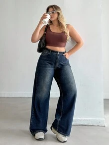 EURMUSE Damskie jeansy z wysokim stanem i szerokimi nogawkami, plus size, w stylu spranym i retro, z kieszeniami - Średni jeans - Zobacz 7