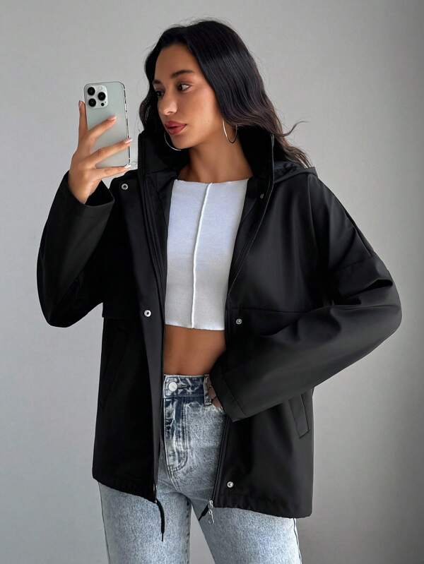 SHEIN Tall Women's Solid Hooded Longline Woven Trench Coat – Minimalist Utility Streetwear Outerwear