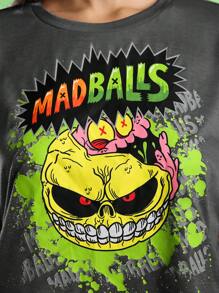 MADBALLS X SHEIN Camiseta de mujer con cuello redondo, manga de murciélago y gráfico de letra y monstruo - Gris - Ver 3