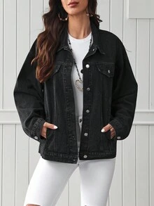 EMERY ROSE Button Up Drop Shoulder Denim Coat - Black - View 3