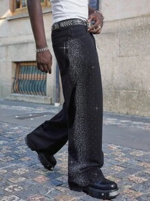ROMWE MEN Street Life Men's Loose Fit Rhinestone Embellished Pocket Wide Leg Casual Jeans
