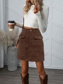SHEIN LUNE Women's Solid Color Minimalist Casual Skirt - Brown - View 5