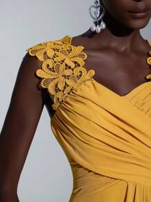 Elitara Contrast Lace Ruffle Trim Ruched Formal Dress Elegant Prom Evening Wedding Guest Gown, For Graduation, Dinner Party Dress - Yellow - View 3