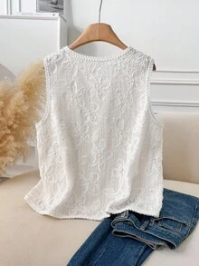 CosyJoli 大码女式宽松休闲纹理提花圆领背心夹克蕾丝白色上衣白色纽扣背心白色蕾丝背心女式蕾丝上衣女式夏季背心秋冬 - 杏色 - 查看 2