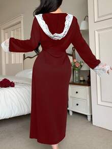 SHEIN 女士休闲优雅蕾丝拼接连帽浴袍，秋冬款 - 酒紅色 - 查看 2