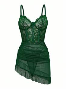 2pcs Set Sexy Lingerie For Women(Lace Contrast Mesh Bralette & Panty Set)