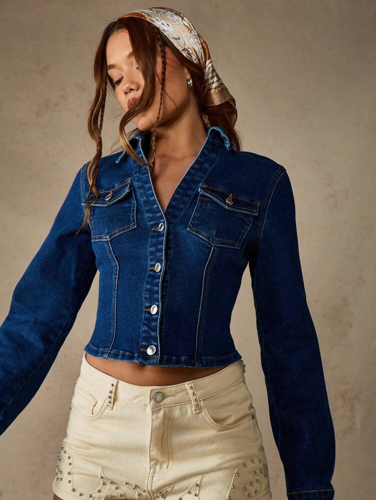 MISSGUIDED Fitted Cropped Denim Jacket Western Style Collared Button Down Long Sleeve Classic Autumn Spring Casual Streetwear Fashion
