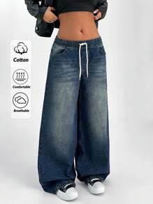 EURMUSE HIGH WAIST BAGGY VINTAGE WASH Y2K STYLE JEAN - Dark Wash - View 1