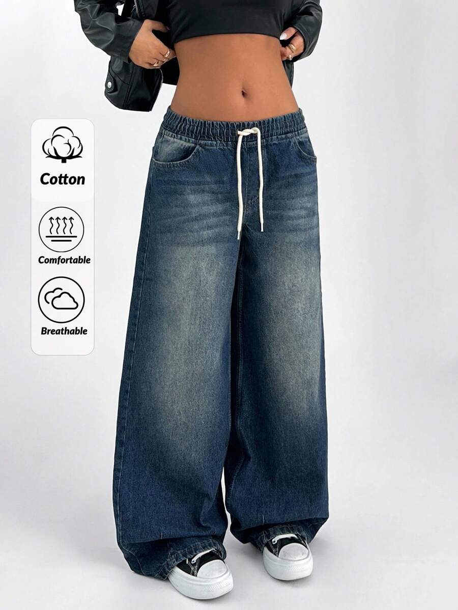 EURMUSE HIGH WAIST BAGGY VINTAGE WASH Y2K STYLE JEAN - Dark Wash - View 1