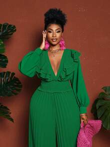 Maweii Geraffter Volant Taille Plissee Langarm Jumpsuit