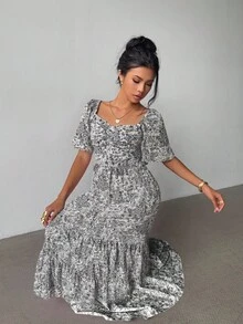 Elenzga Váy Maxi hoa hồng tay ngắn dự tiệc âm nhạc bãi biển mùa hè - màu đen - Xem 6