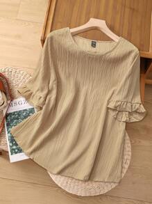 Rusticease Plus Size Shirt Khaki Leaf Hem Short Sleeves Simple Fashion Casual Everyday Vacation Outfits Woman Spring Summer,Western Wear Women,Spring/Summer