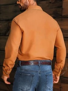 Manfinity Nomadique 男士撞色单排扣长袖休闲橙色衬衫男士西部衬衫焦橙色男士衬衫牛仔衬衫纽扣式西部衬衫 - 卡其色 - 查看 2