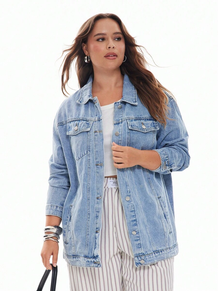 Solavibe Plus Size Women's Casual Loose Fit Drop Shoulder Long Sleeve Denim Jacket, Spring Autumn - Light Wash - View 1