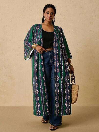 SHEIN VCAY Plus Size Casual Vacation Green & Black Floral Geometric Color Block Striped Pattern Loose Long Sleeve Open Front Kimono Cardigan For Women, Autumn Winter Fall