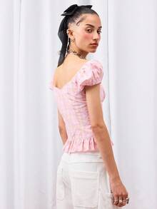 COUREZ Camisa ajustada a cuadros con mangas abullonadas y dobladillo con volantes / Tops lindos de estilo Y2K para salir, tops sexy de corsé - Rosa Pálido - Ver 3