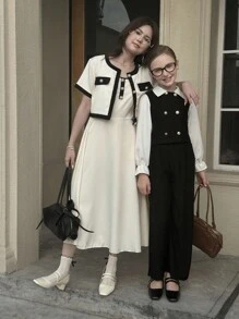 2件套：翻领拼布长袖衬衫+休闲直筒裤 - 黑色 - 查看 4