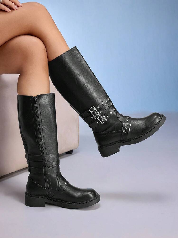 CUCCOO GRLICON Women's Elegant Commuter Buckle Design Over-The-Knee Flat Boots