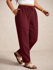 Elaquor Plus Size Women's Casual Solid Color Loose Drawstring Pants - Burgundy - View 1