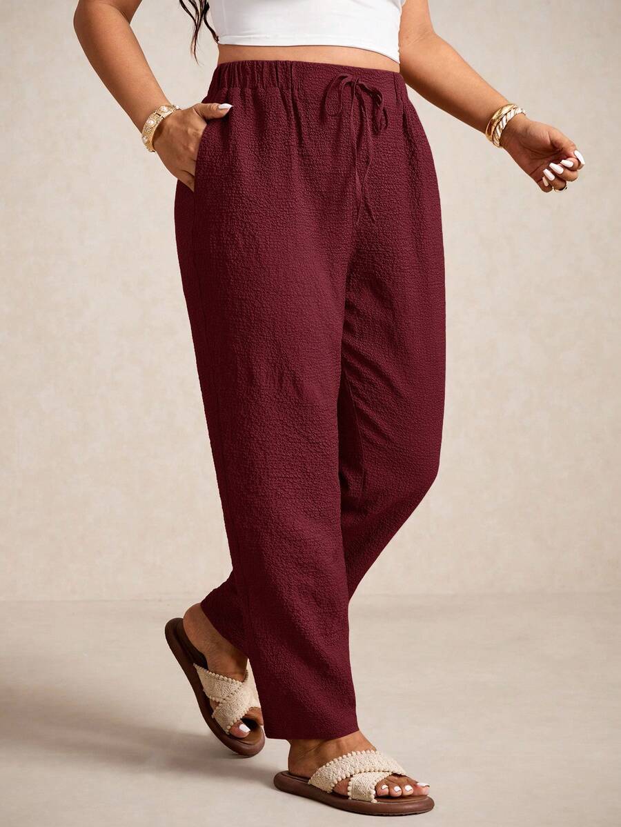 Elaquor Plus Size Women's Casual Solid Color Loose Drawstring Pants - Burgundy - View 1