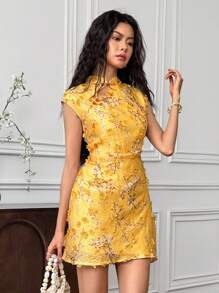 EastFlair Váy ngắn họa tiết hoa 3D thanh lịch dành cho nữ, mùa hè - Màu vàng - Xem 3