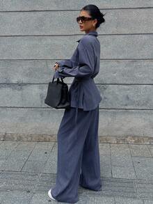 DAZY 3pcs Set: Striped Shirt, Fashionable Wide-Leg Pants, Stylish Design Lounge Sets For Women - Navy Blue - View 2
