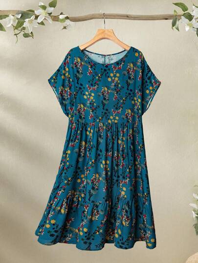 EMERY ROSE Raglan Sleeves Country Retro Holiday Small Floral Round Neck Split Baby Doll Plus Size Dress Suitable For Spring And Summer Pasture Grassland Plus Size Boho Dress Flowy Dress Gifts For Mother Vacay Vibes Springbreak Casual Wear SS Bohemia Loose Fit Tunic