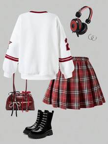 SHEIN ChillGRL 2 件套青少年女孩时尚图案印花 V 领羊毛运动衫和格子百褶裙，适合休闲外出，秋冬季 - 酒紅色 - 查看 2