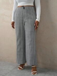 SHEIN Tall CURVE Quần ống rộng thiết kế nút đơn giản dành cho nữ cỡ lớn - Xám - Xem 6
