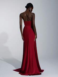 Elitara Váy phù dâu đuôi cá hở vai không dây sang trọng, lãng mạn, trang trí xếp nếp bằng vải chiffon mờ - Màu Đỏ Sâu - Xem 5