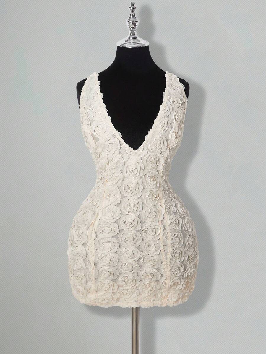 SHEIN ICON Vestido mini ajustado con escote en V profundo, sin mangas y decoración floral 3D para mujer - Albaricoque - Ver 1