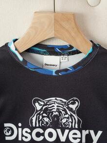 Discovery X SHEIN 2pcs Young Boy Tiger & Camouflage Print Crew Neck Long Sleeve Top And Pants Knit Comfortable Pajama Set