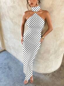 Aloruh 女士优雅性感金属扣复古波尔卡圆点印花装饰镂空紧身黑色针织弹力连衣裙，适合约会 - 白色 - 查看 9