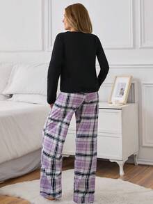 EURMUSE 加字母和格子印花长袖上衣配裤子睡衣套装睡衣套装 - 黑色 - 查看 2