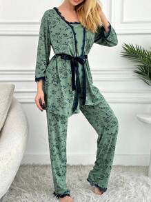 EURMUSE 100%纯棉3件套女士纯棉花朵印花蕾丝家居睡衣套装