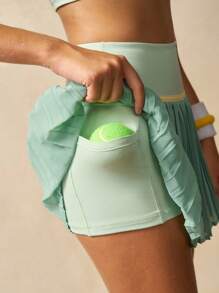 VARSIVA Women's Multicolor Knitted Colorblock Crop Sports Set With Round Neck And Short Sleeves Tennis Skirt Set Women Tennis Outfit 2 Pieces Workout Set Women Pleated Tennis Skirt Athletic Skirt Set