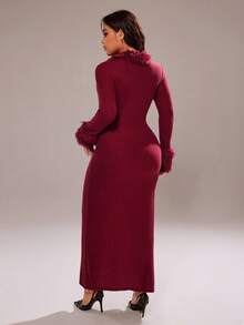 Rustia 性感深V领针织连衣裙，别致又迷人 - 酒紅色 - 查看 3