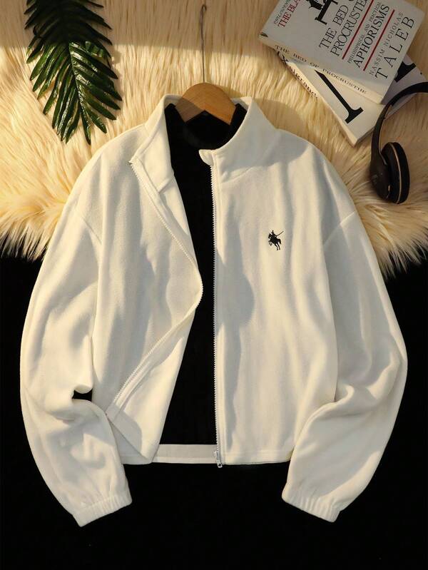 Chaqueta para adolescentes (niñas), chaqueta de piel sintética blanca de moda para niñas jóvenes con decoración bordada en el pecho, versátil y casual para volver a la escuela