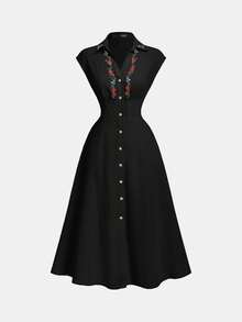 SHEIN MOD 黑色有领无袖腰部收腰 A 字中长连衣裙 - 黑色 - 查看 1