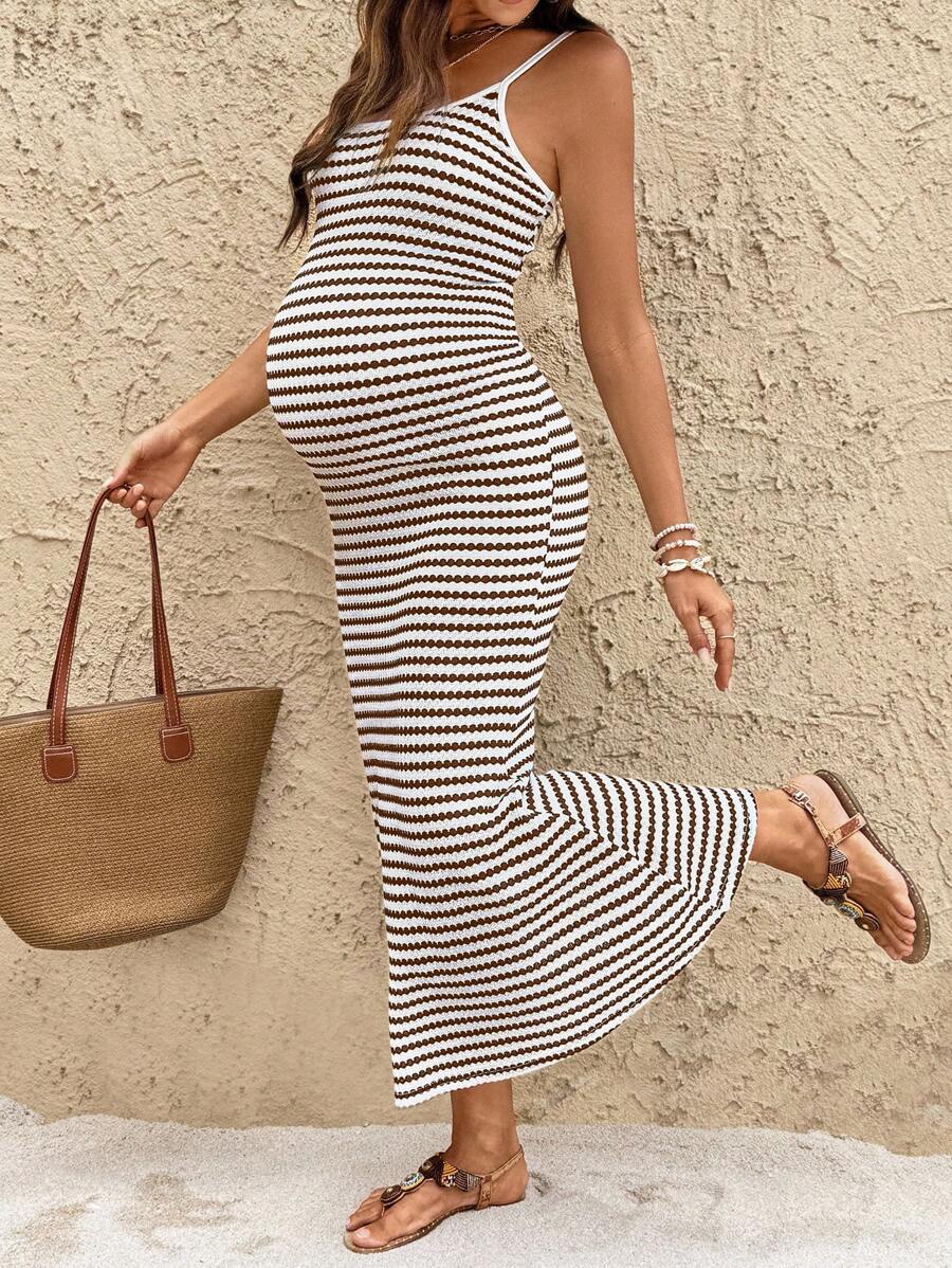 SHEIN Sleeveless Round Neck Long Slim Fit Maternity Dress, Black & White Striped Dress - Brown - View 1