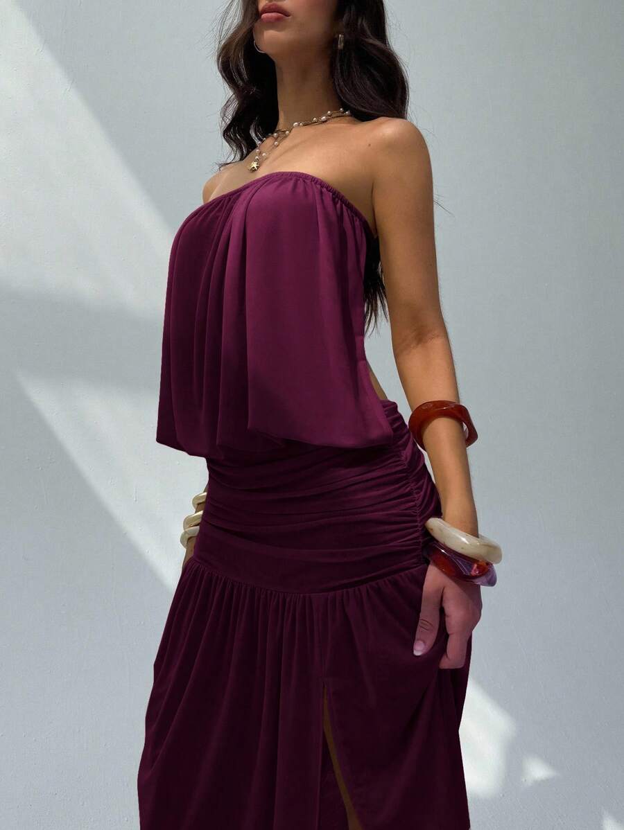 Aloruh Women's New Solid Color Strapless Dress, Summer Clothing, Backless Dress With Drapery Design, Long Dress With Umbrella Hem, Sheer Dress Summer Outfits Summer Outfits For Women Summer Clothes Summer Holiday Outfits Women's Dress Dresses For Women Long Dress Elegant Dresses For Women