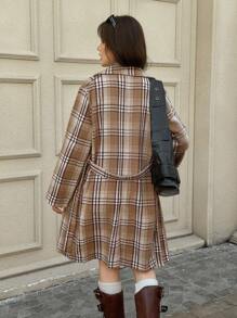 SHEIN Teen Girls' Fashionable Plaid Print Double-Breasted Waist Belt Coat Fall Winter