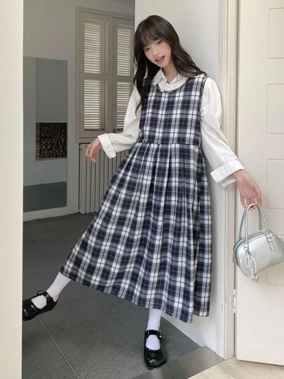 Dazy Kids 少女宽松休闲格子无袖连衣裙，秋季