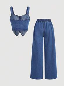 Girlism 2 件套青少年女孩纯色水洗休闲牛仔套装，包括蓝色吊带背心和阔腿裤，适合日常穿着、旅行和度假、女孩秋冬两件套服装、返校返校服装