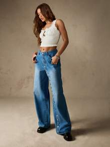 MISSGUIDED 宽腿纽扣细节高腰牛仔裤复古 Y2K 风格波西米亚街头风格秋冬休闲宽松牛仔裤 - 中等水洗藍 - 查看 5