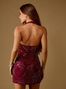 MISSGUIDED Đầm ngắn cổ yếm chữ V sâu, đính sequin lấp lánh, sang trọng, thích hợp dự tiệc, dạ hội, câu lạc bộ, lễ hội, đám cưới, tiệc trang trọng, ôm sát cơ thể. - Màu Tím - Xem 2