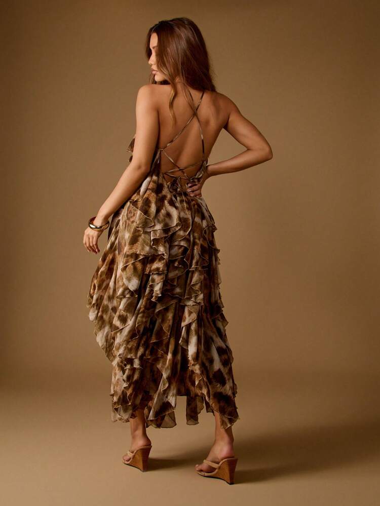 chinese dress ladies Zapaka Women Brown Leopard Long Prom Dress with Ruffles A Line Sweetheart Tiered Strapless Print Cowl Neck Party Dress, Brown Leopard / US16W