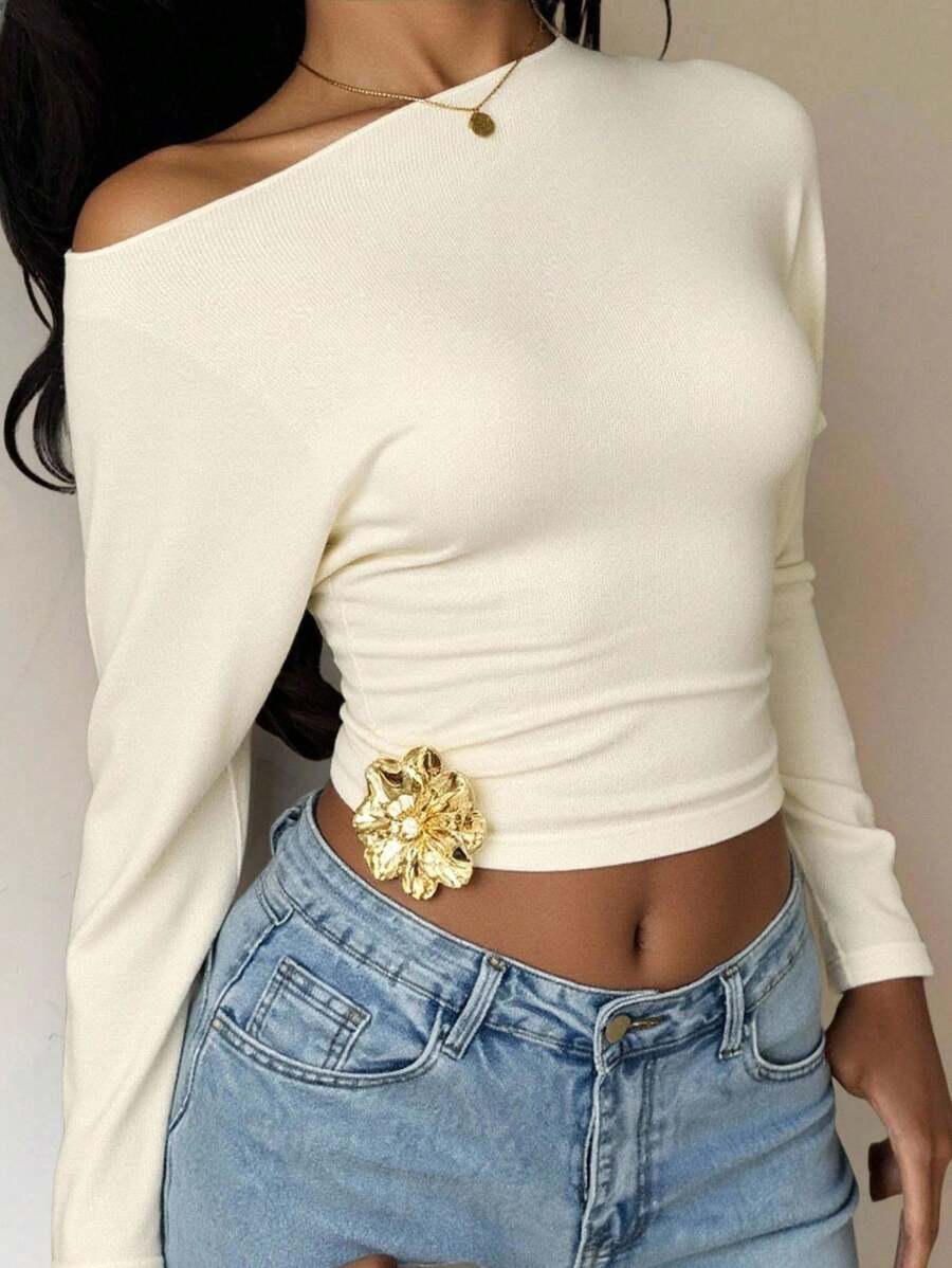 SHEIN EZwear Women's Asymmetrical Neck Long Sleeve Crop Top,Beige,Autumn,Seksi Chic,Night Out,Minimalist Solid Knit Fitted T-Shirt,Korean Fashion Tops - Beige - View 1